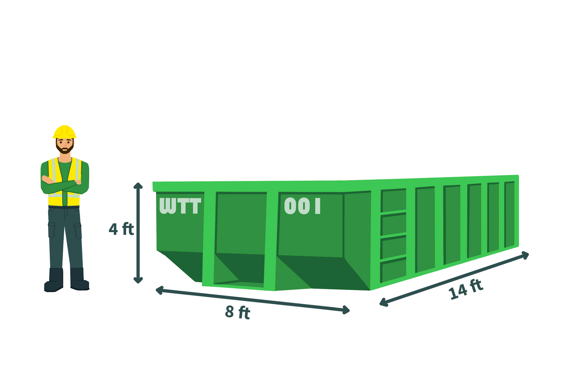 A green dumpster with measurements on a white background.