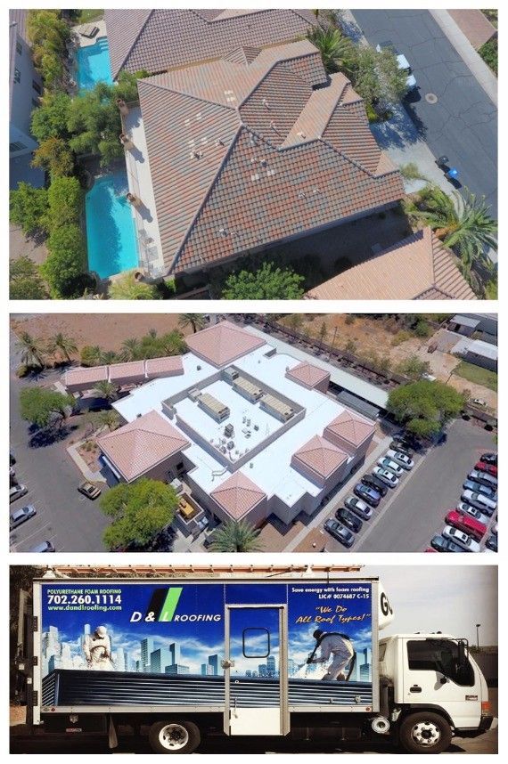 An aerial view of a building with a pool and a truck in front of it.