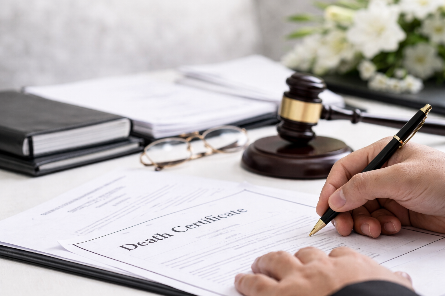 Una persona firma un certificato di morte su una scrivania accanto al martelletto del giudice, agli occhiali e a dei fiori bianchi.