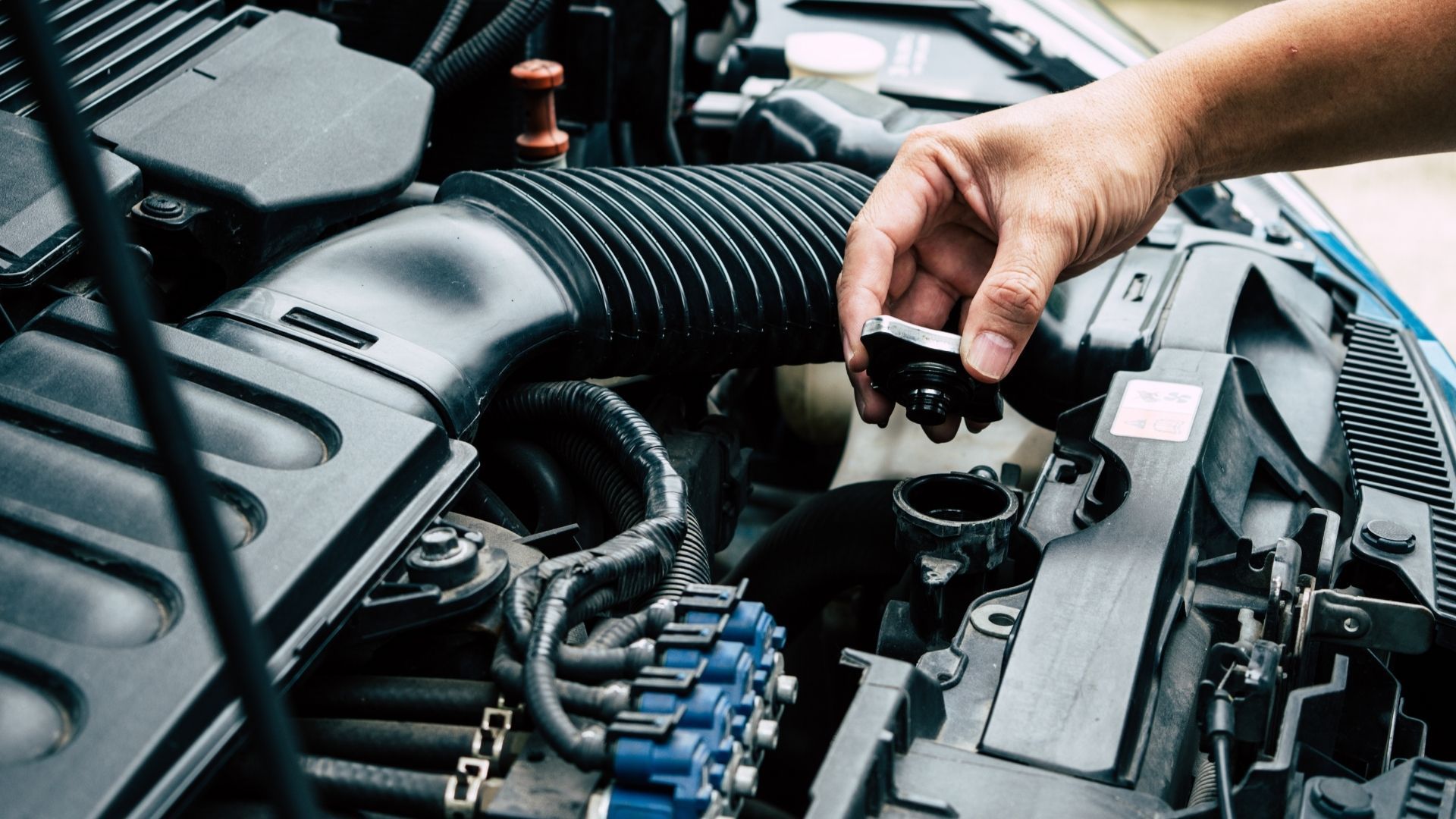 A person is holding a radiator cap under the hood of a car.