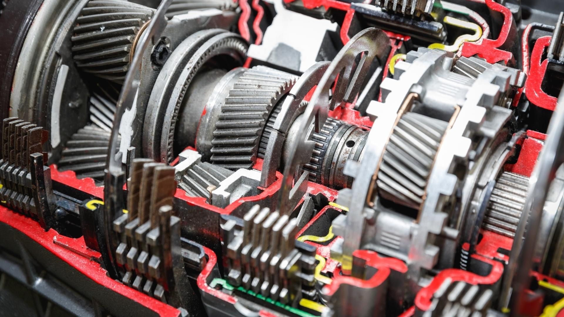 A close up of a cut in half gearbox.