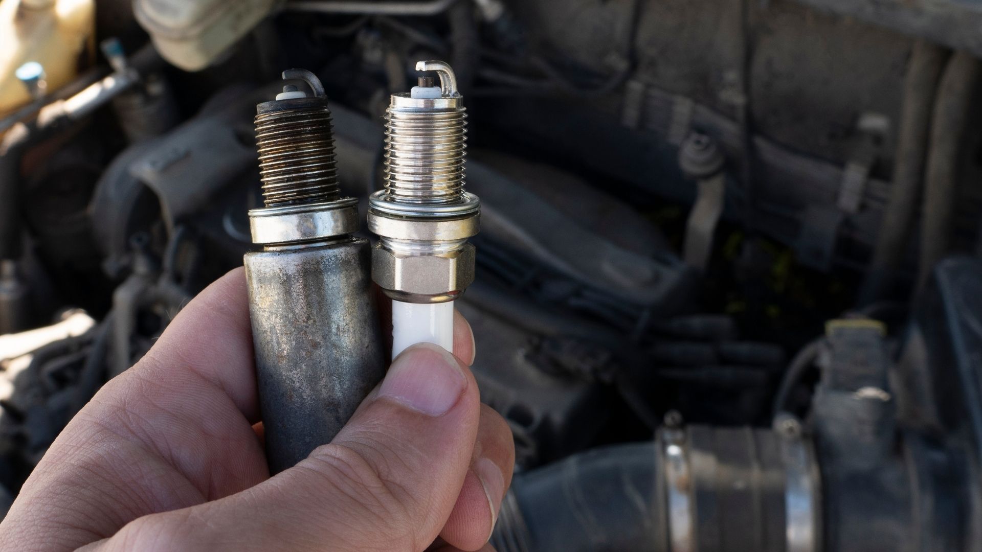 A person is holding two spark plugs in front of a car engine.