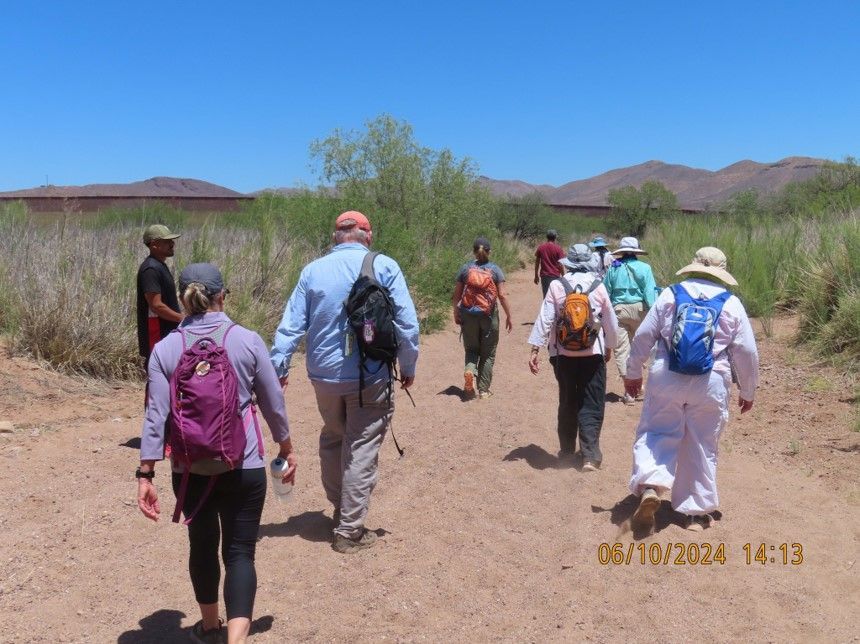 Group walks on a dirt path along a border wall on a sunny day.