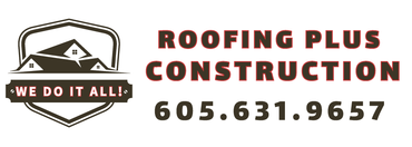 Logo for Roofing Plus Construction, featuring a shield with a house silhouette and phone number.