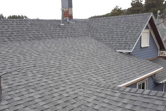 Gray shingle roof on a blue house with a chimney, overcast sky.