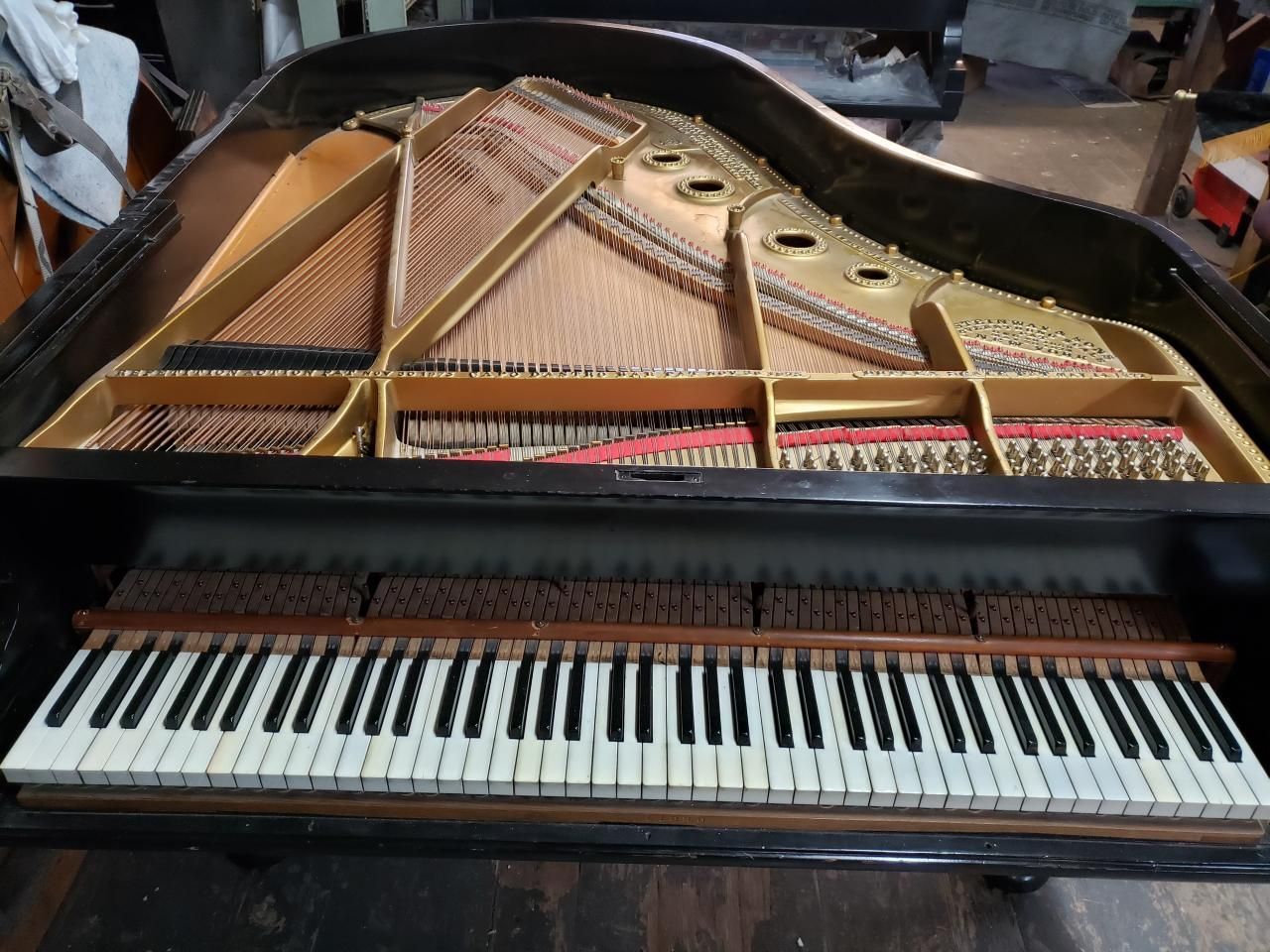 The inside of a grand piano with the keys missing