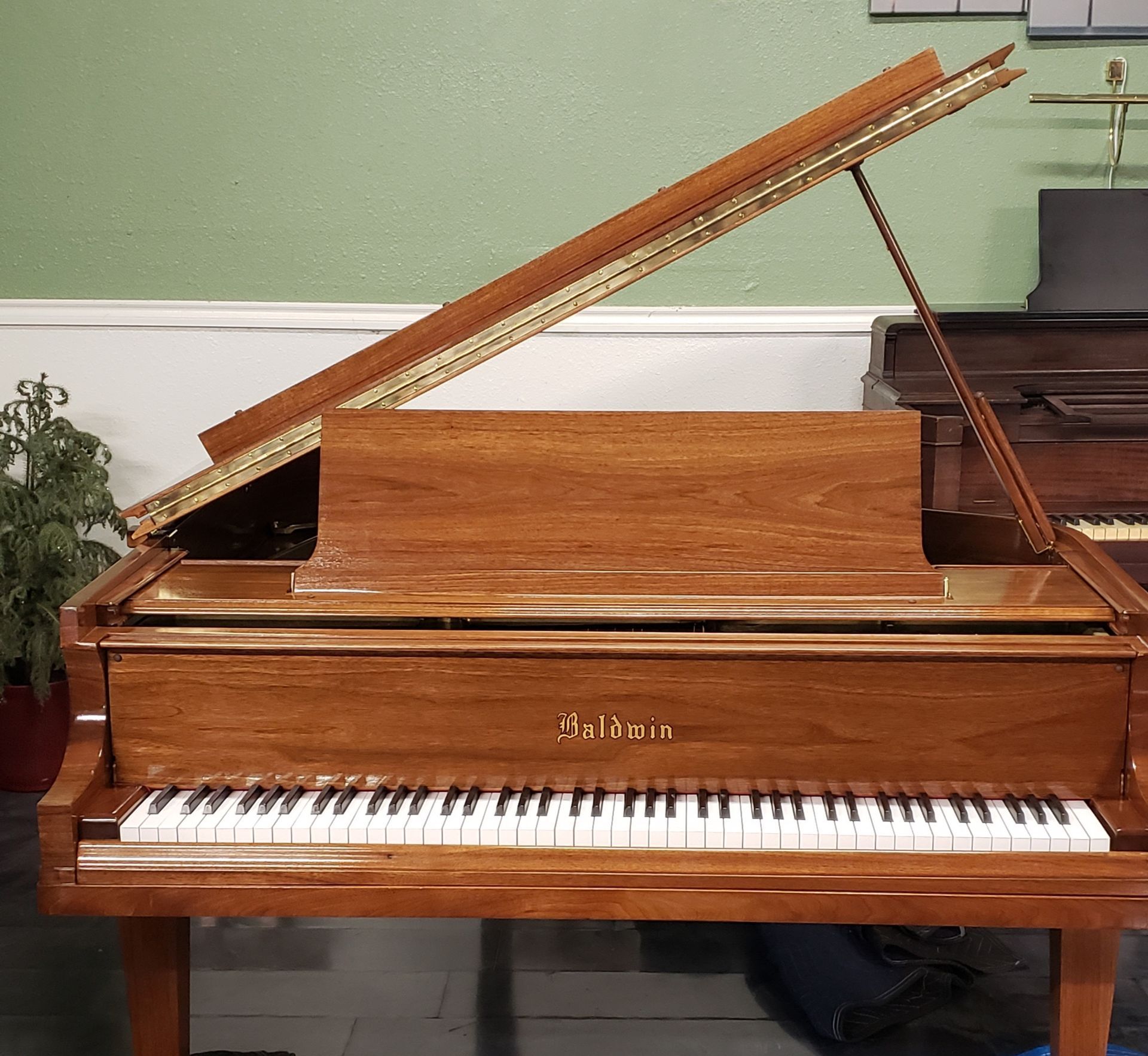 A grand piano is sitting in a room with a green wall