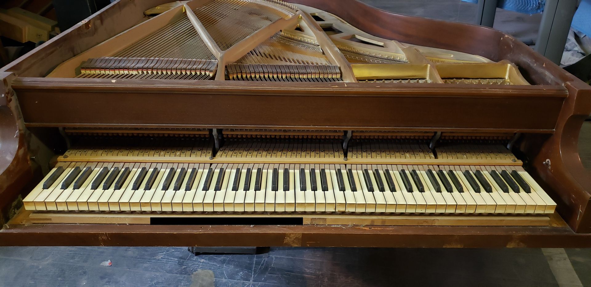 The inside of an old piano with the keys missing.