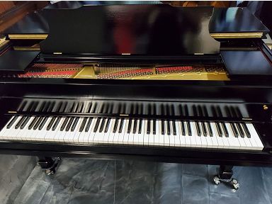 A black grand piano is sitting on a tiled floor