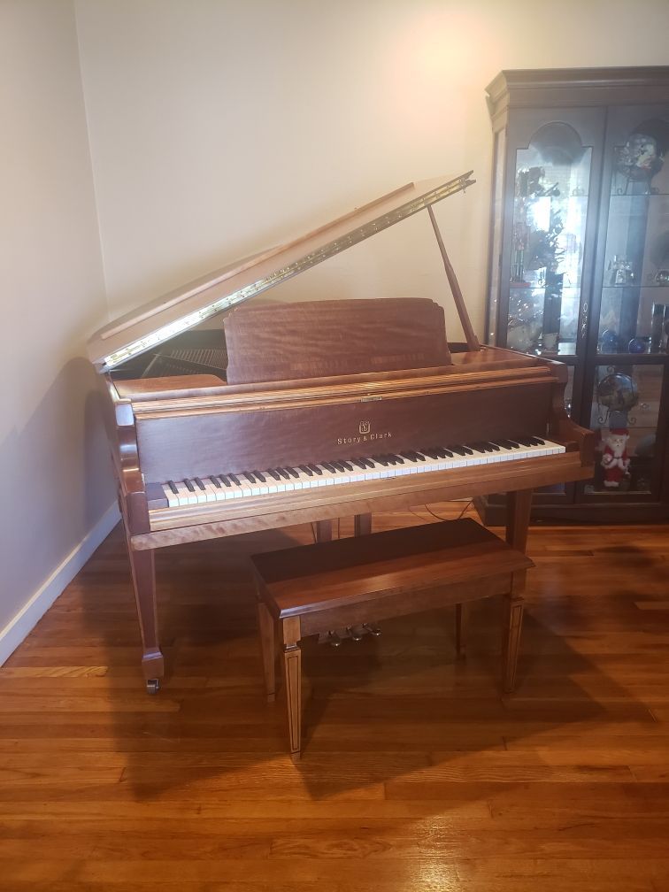 A grand piano is sitting in a living room next to a bench.