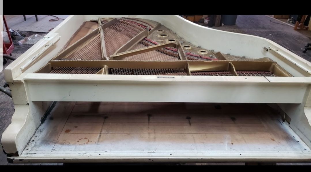 A white grand piano is sitting on top of a wooden floor.