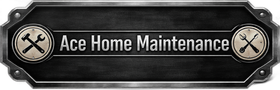 Black metal-style sign reading &ldquo;Ace Home Maintenance&rdquo; with crossed tools icons on both ends