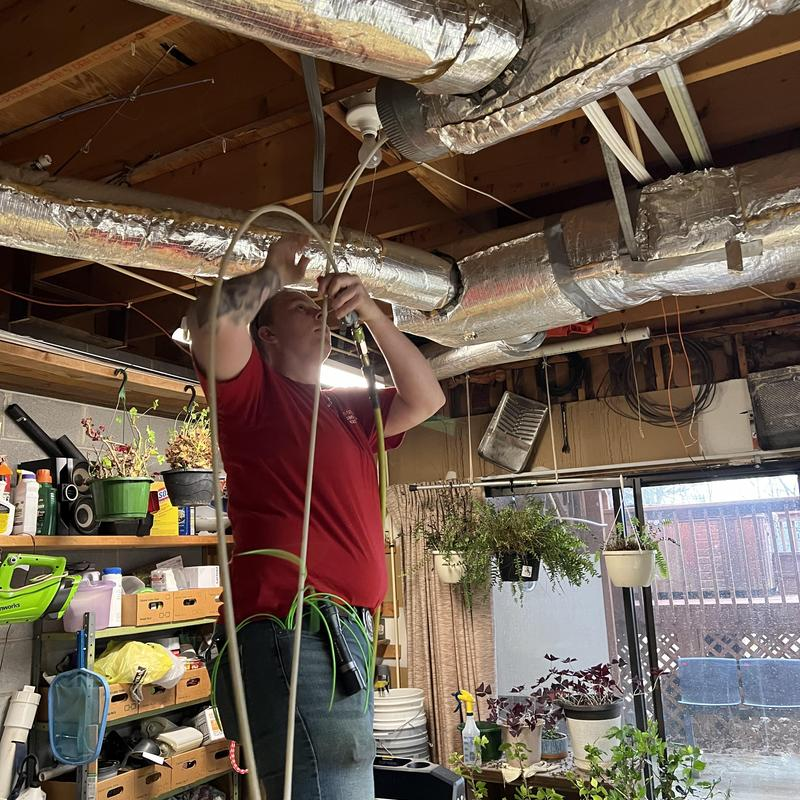 Person in red shirt installs a light fixture in a cluttered, plant-filled garage with exposed ducts.