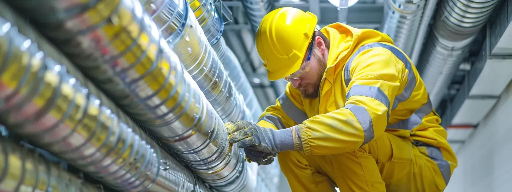 A man in a yellow hard hat is working on a pipe.