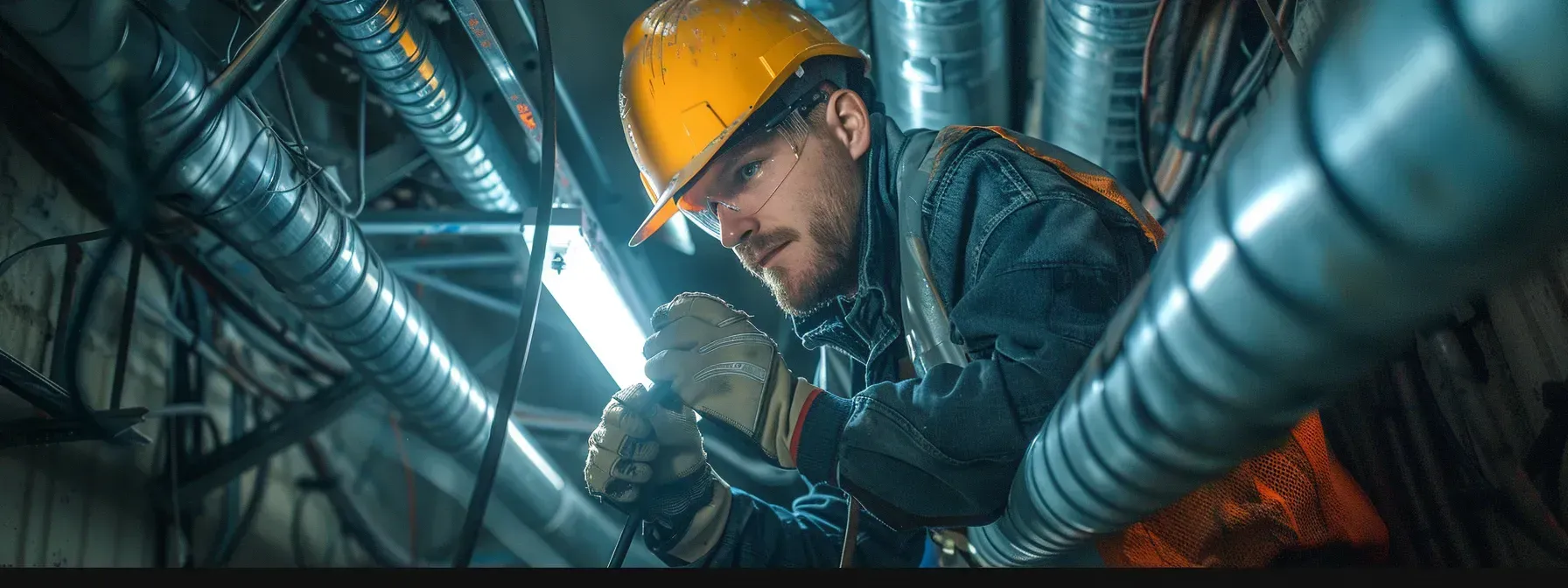 A man wearing a hard hat is working on air ducts.