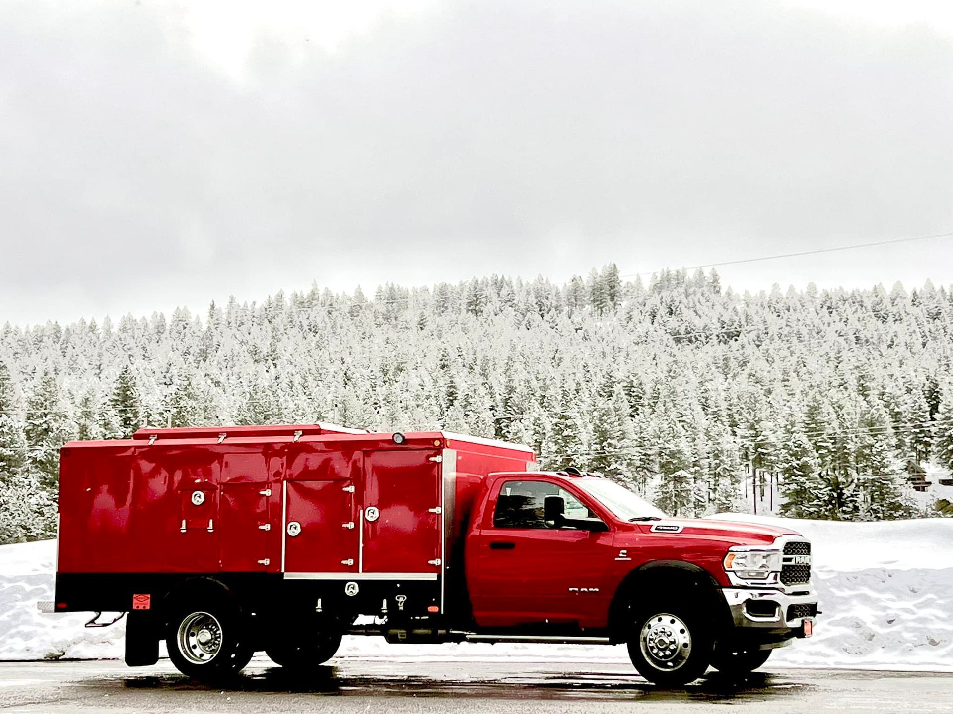 A red truck is parked in the snow in front of a snowy forest.