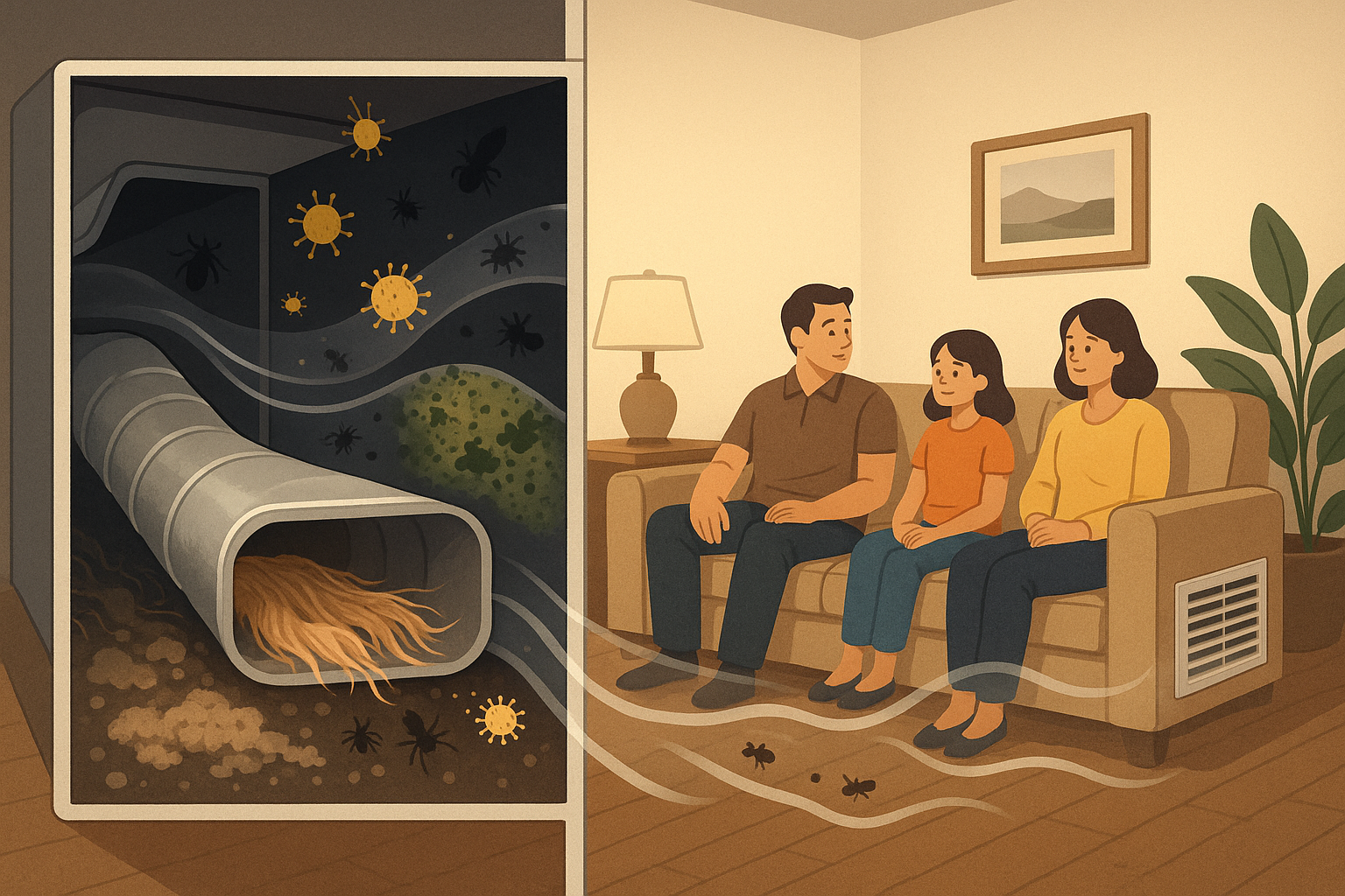A family is sitting on a couch in a living room next to an air vent.