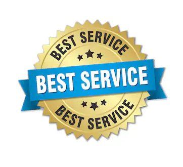 A gold best service seal with a blue ribbon