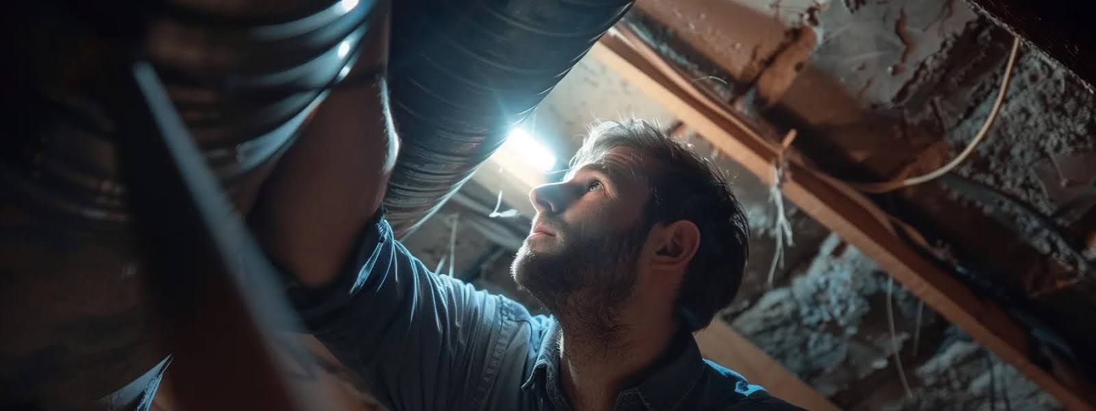 A man is working on a pipe in an attic.