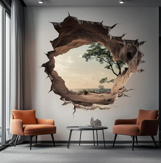 Pièce avec chaise, plante et lampe contre un mur lambrissé rouge et gris.