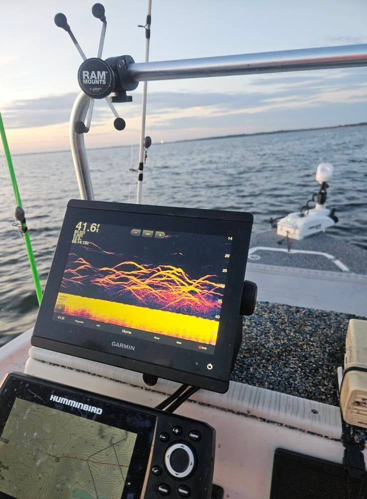 Boat's sonar display showing underwater structure and depth, with fishing rods and calm water.