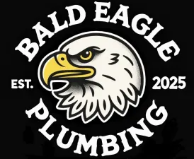 Logo for Bald Eagle Plumbing featuring an eagle's head illustration, arched text above, and "EST. 2025" at the sides.