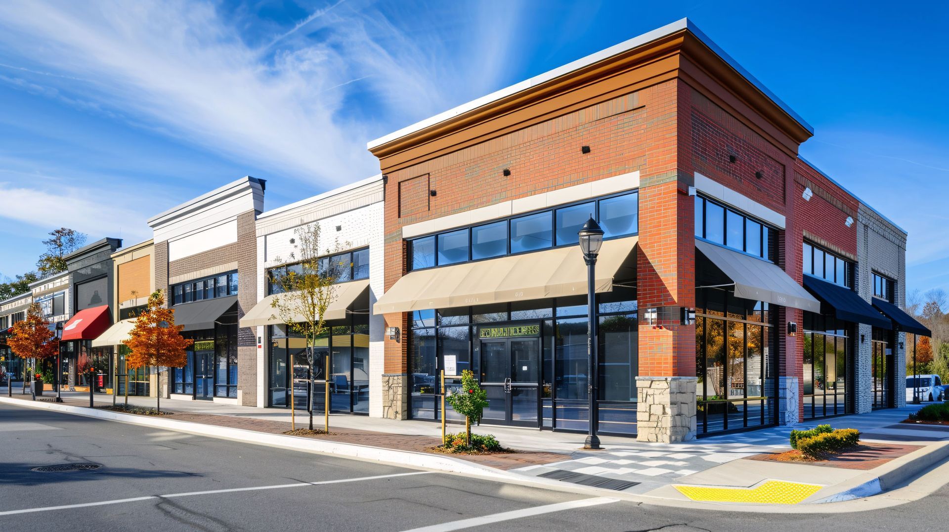 A row of stores are lined up on the corner of a city street.