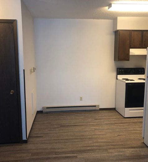 An empty kitchen with a stove and a refrigerator