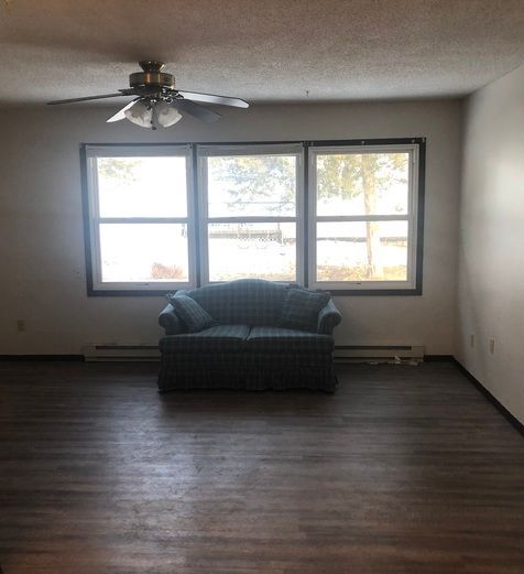 A living room with a couch and a ceiling fan