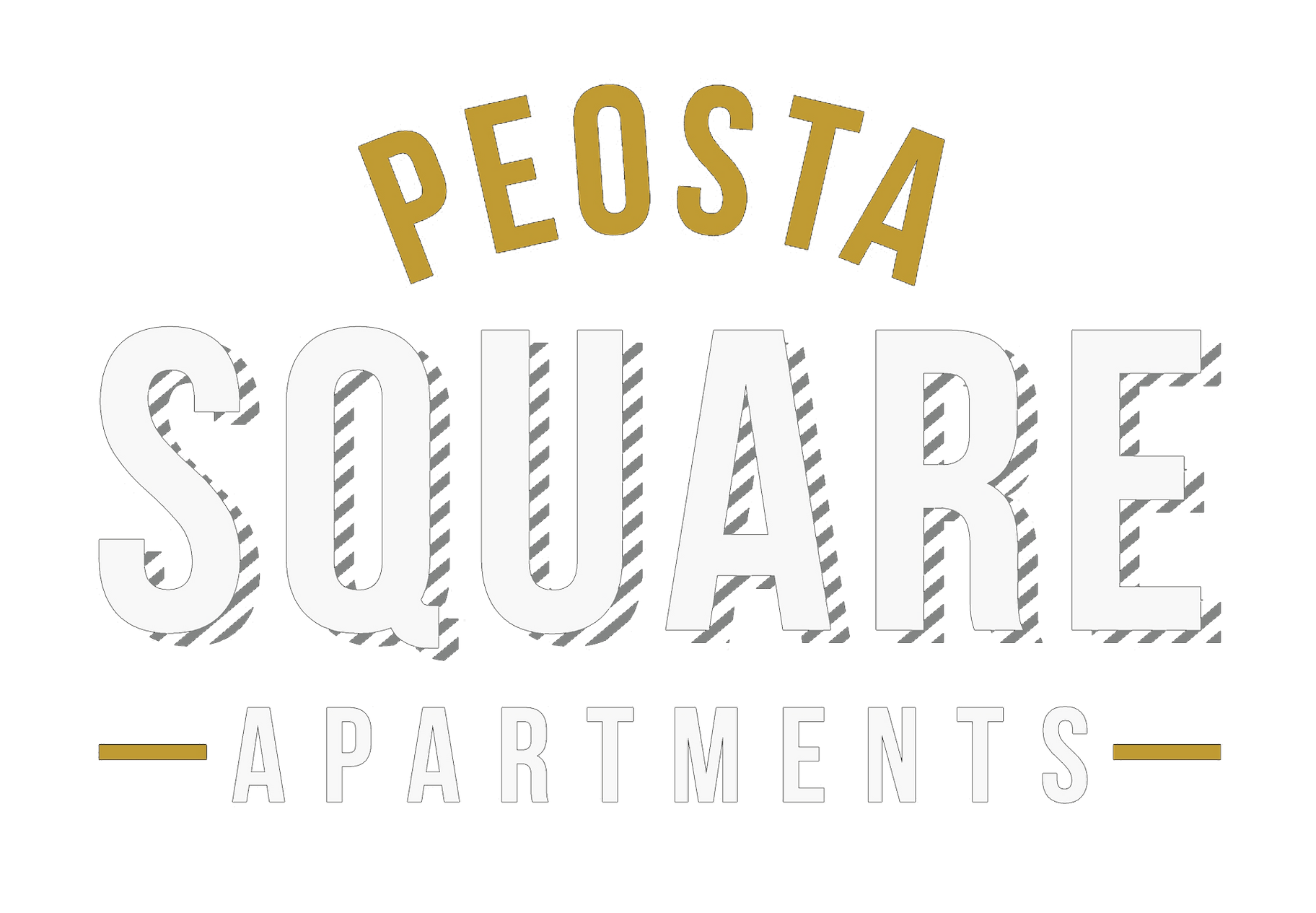 The logo for peosta square apartments is white and gold.