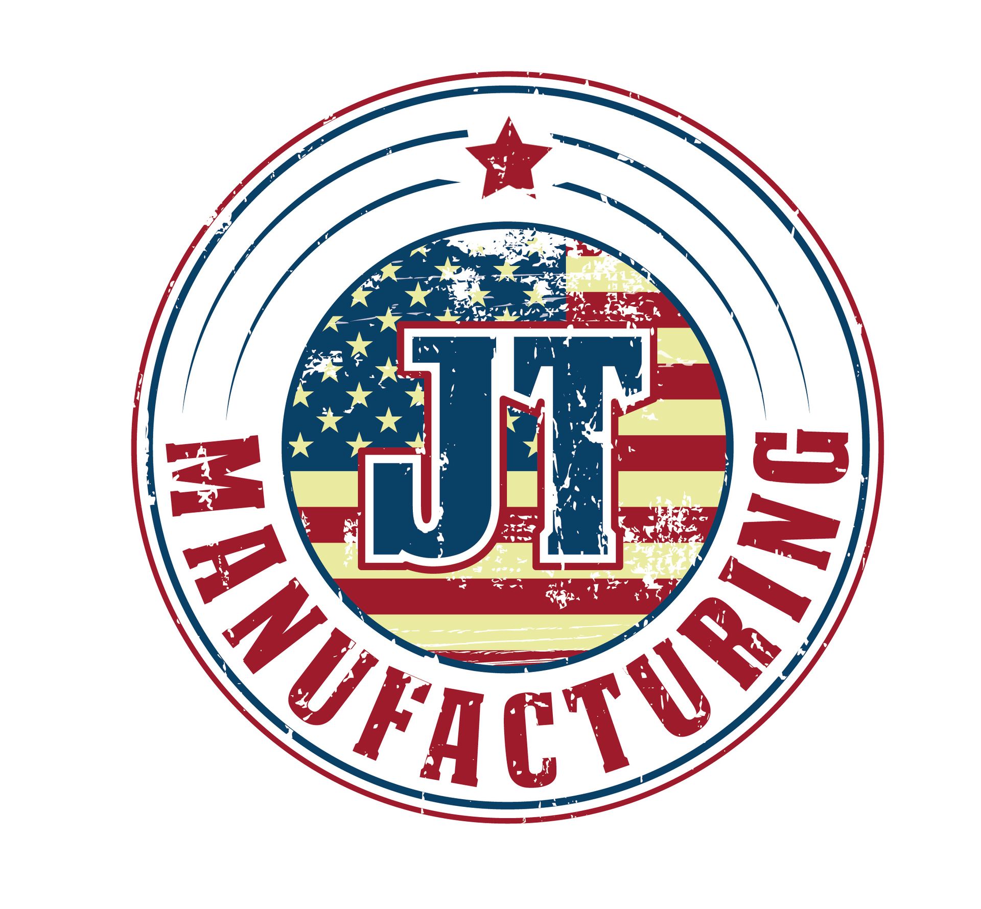 A logo for jt manufacturing with an american flag in the center | welding machining