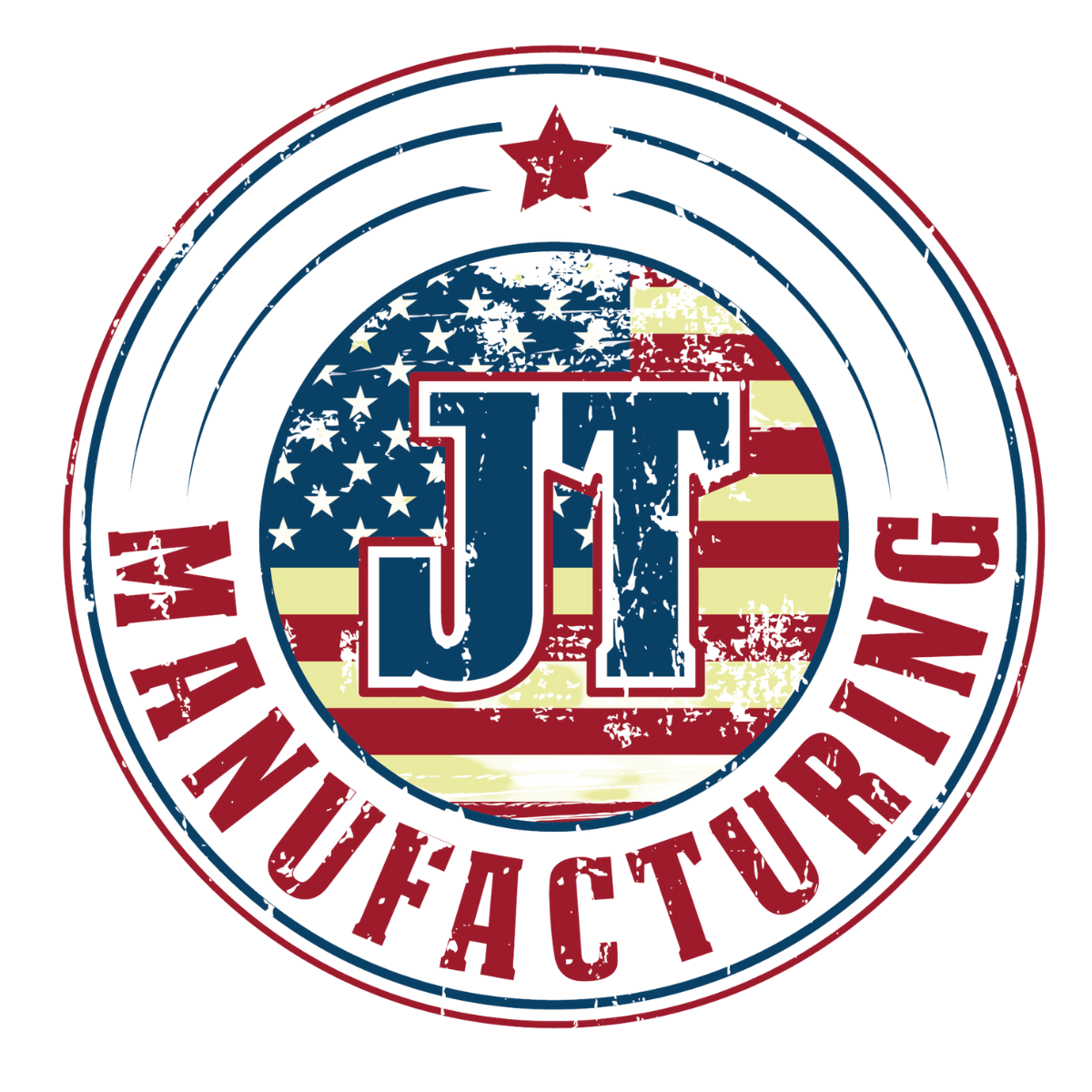 A logo for jt manufacturing with an american flag in the center | metal fabrication