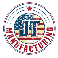 A logo for jt manufacturing with an american flag in the center | metal fabrication