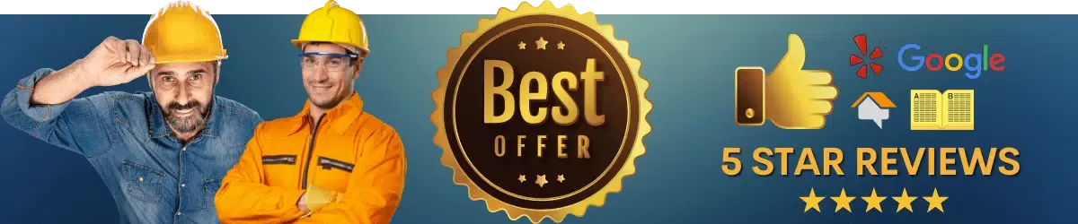banner with emblem in center that says best offer, on left side of banner there are two images of concrete contractors, on right side of banner there is text that says 5 star reviews along with 5 star icons and icon logos for facebook, yelp, google, and home advisor
