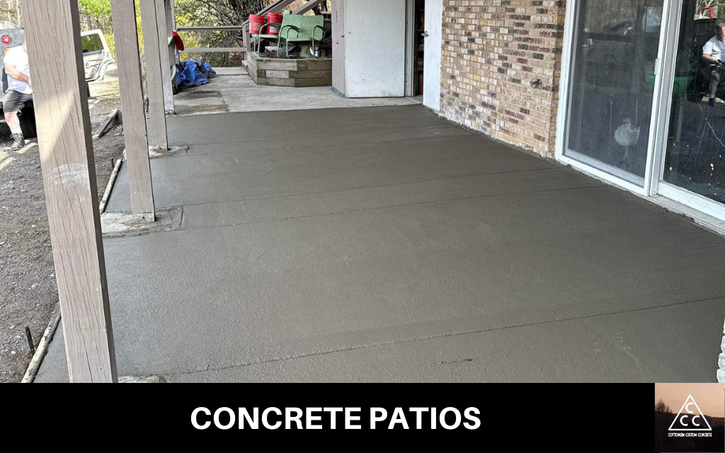 image of a new concrete patio, with text at the bottom that says concrete patio services, along with the Cancino Concrete logo in the bottom right