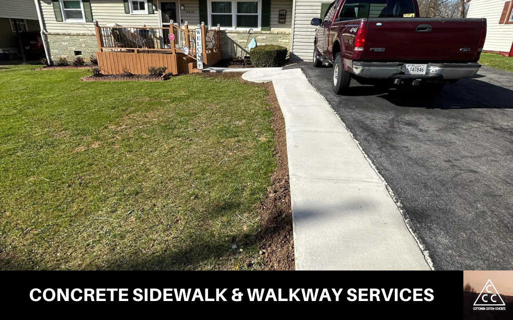 image of a fresh new concrete walkway, along with text at the bottom that says concrete sidewalk and walkway services, along with the Cancino Concrete logo in the bottom right corner