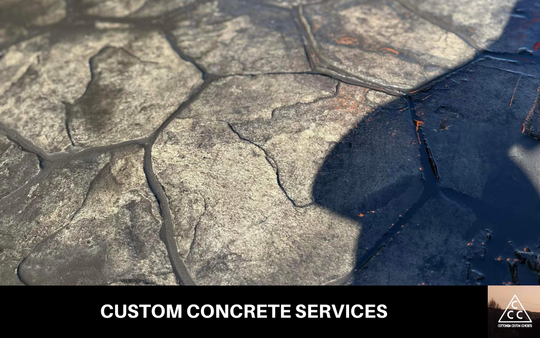 picture of a concrete driveway with text at the bottom that says concrete installation and replacement services with the cancino concrete logo