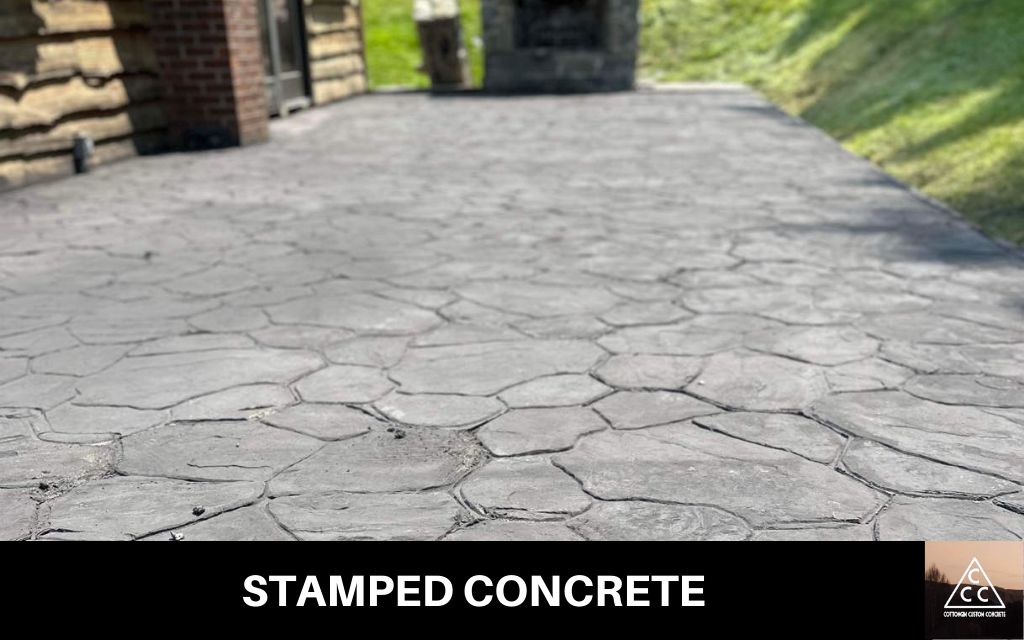 image of a stamped concrete patio, with text underneath that says stamped concrete services, and the Cancino Concrete logo in the bottom right