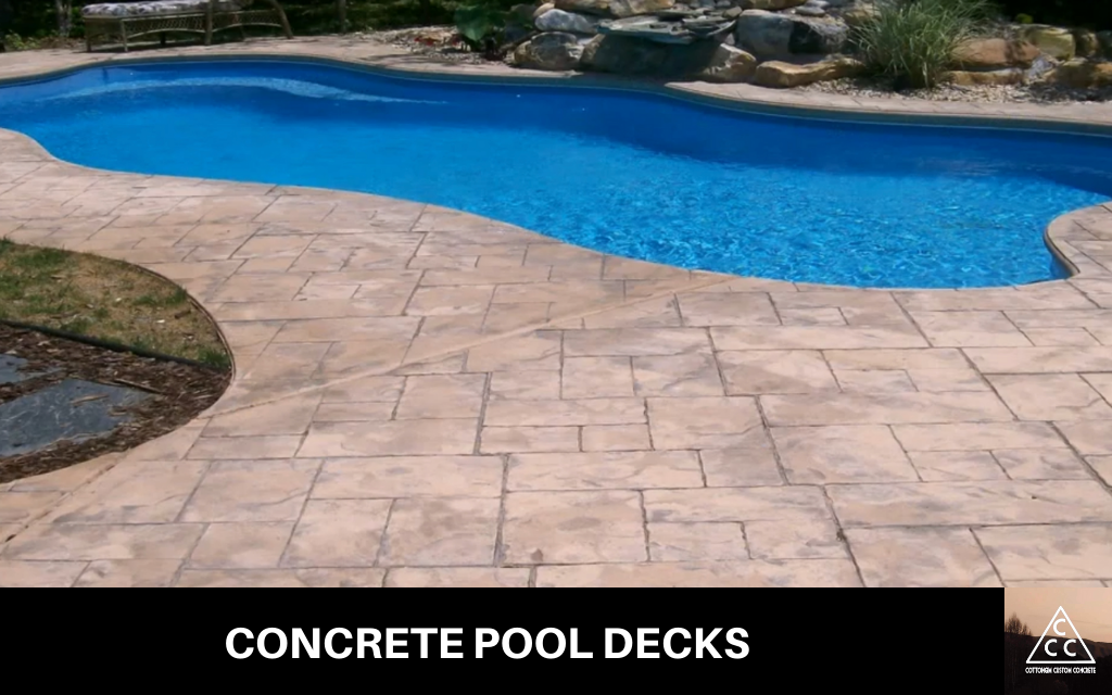 image of a new stamped concrete patio in memphis, along with text at the bottom that says stamped concrete services and the cancino concrete logo