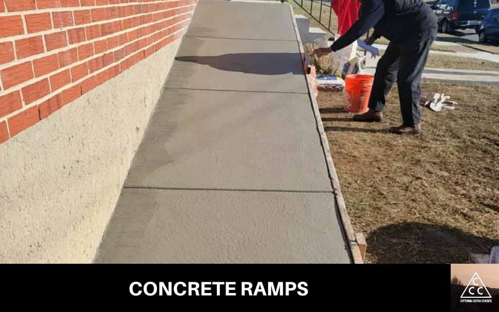 image of a new concrete sidewalk and walkway, along with text at the bottom that says concrete sidewalk and walkway services with the cancino concrete logo