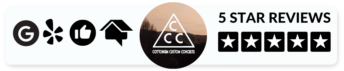banner with the cottongim custom concrete logo in the middle, on the left are the logos for google, yelp, facebook, and home advisor, on the right of the logo is 5 stars and the text 5 star reviews