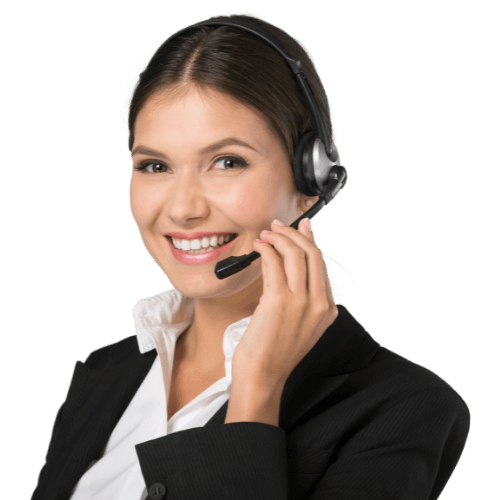 smiling woman with headset speaking on phone