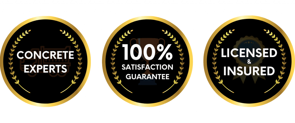 3 black circular icons with gold outlines, first circle has text inside that says concrete experts, second circle has text inside that says 100% satisfaction guarantee, third circle has text inside that says licensed & insured