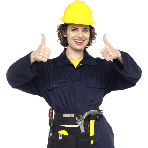 white lady smiling with hard hat giving big thumbs up
