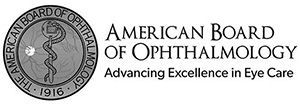 Logo of the American Board of Ophthalmology: a circular emblem with text and a staff with a snake, 