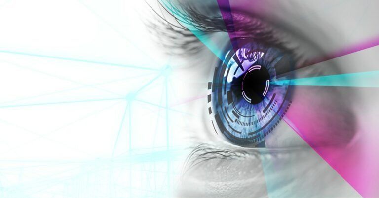 Close-up of a blue eye with abstract pink and cyan light streaks on a white background