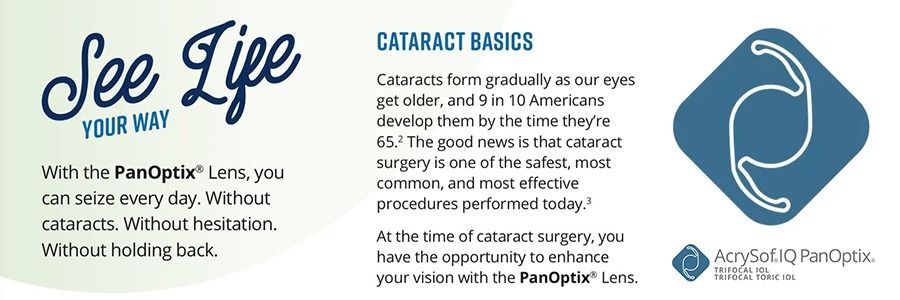 PanOptic ad with blue “See Life Your Way” text, cataract basics, and eye logo on white background