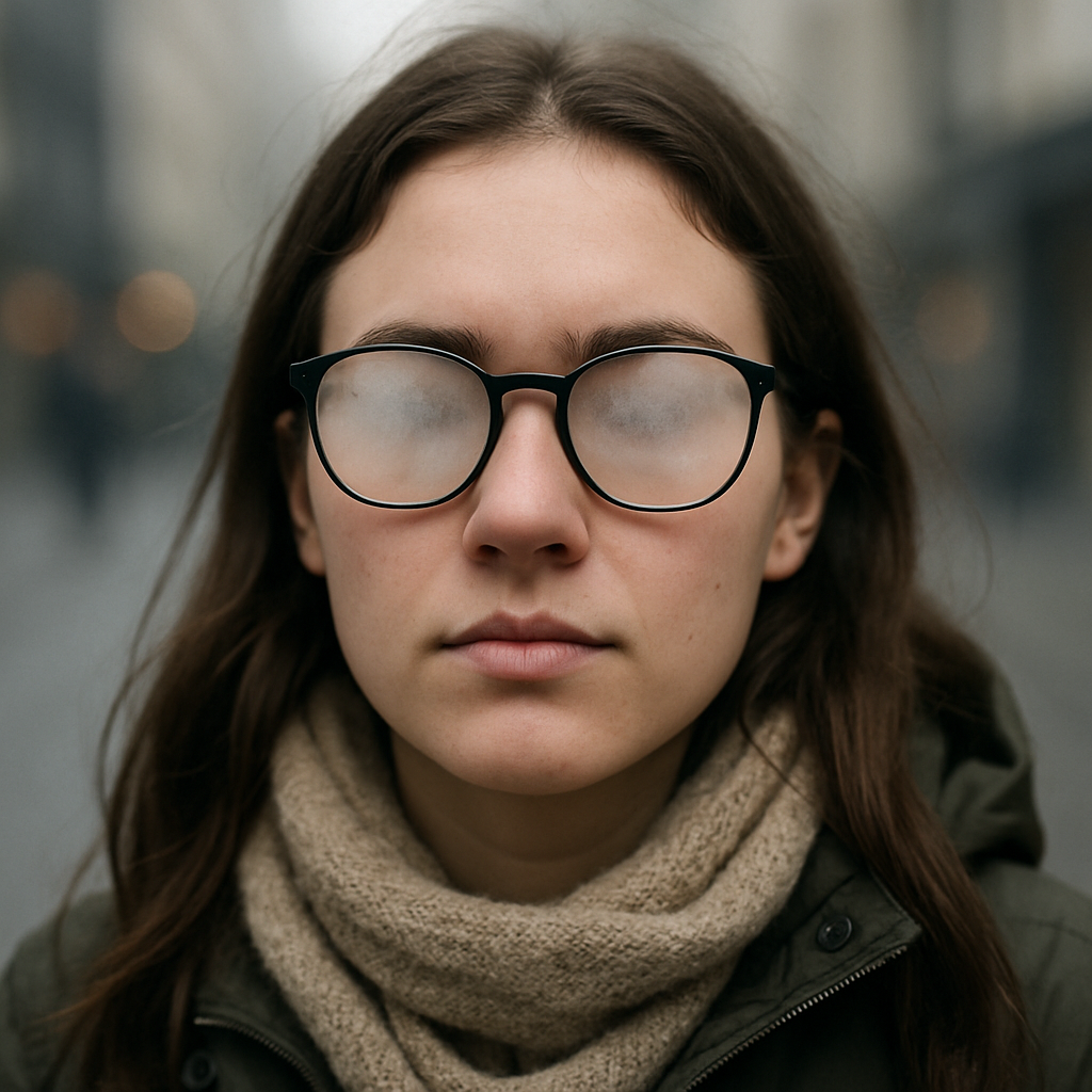Portrait of a person wearing fogged glasses and a beige scarf on a blurred city street