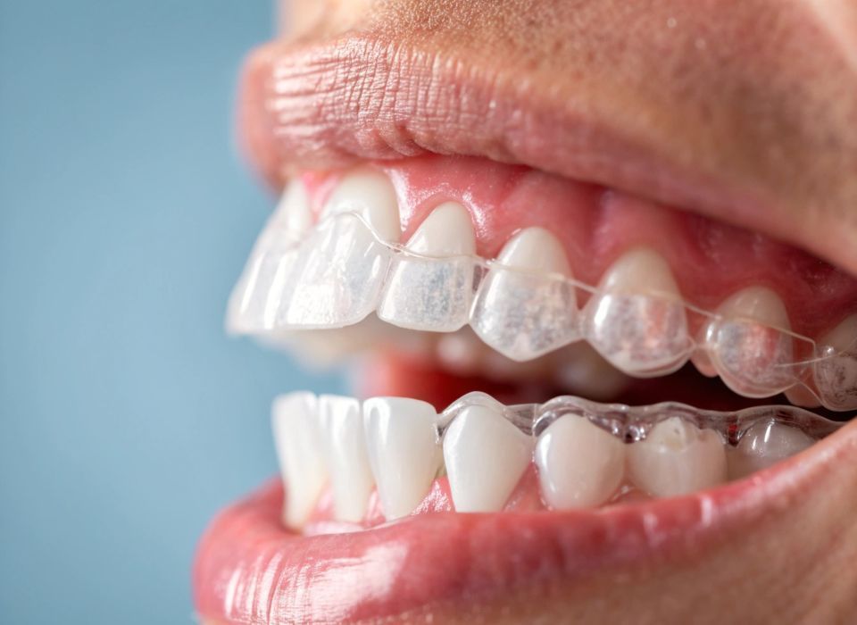 Person's mouth with clear aligners on upper and lower teeth, blue background.