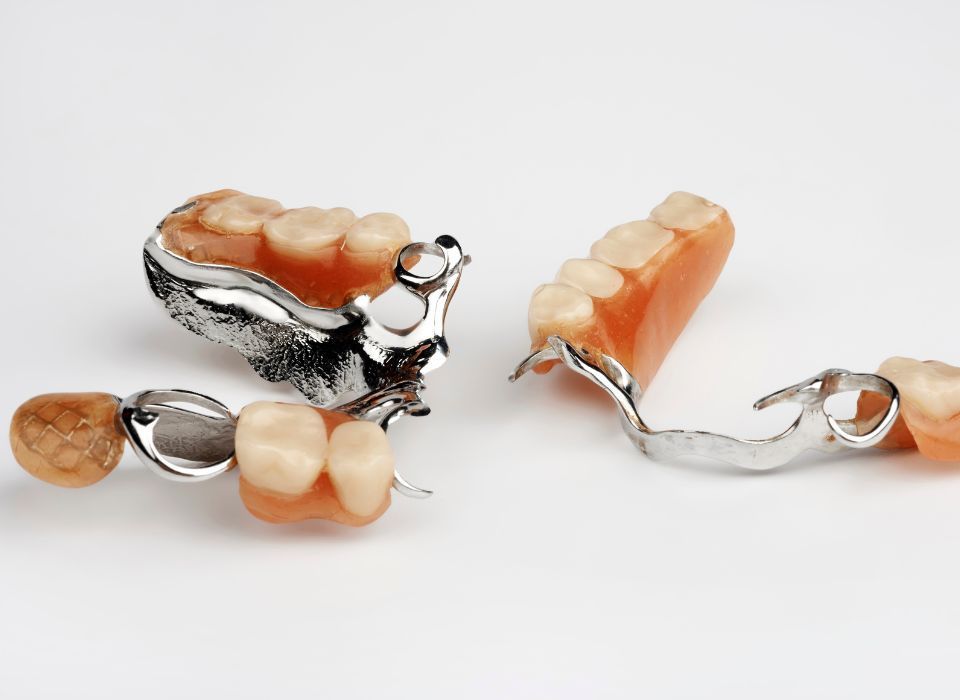 Three partial dentures with artificial teeth on a white background.